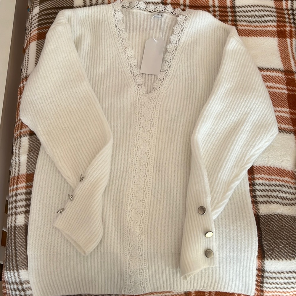 (Not sure what brand) White sweater, white lace details